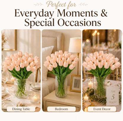 MACTING 30 PCS Artificial Tulip Flowers 13.7" Real Touch Fake PU Tulips Bouquet Faux Flowers for Floral Arrangements Table Centerpieces Kitchen Mothers Day Summer Decorations,Light Pink