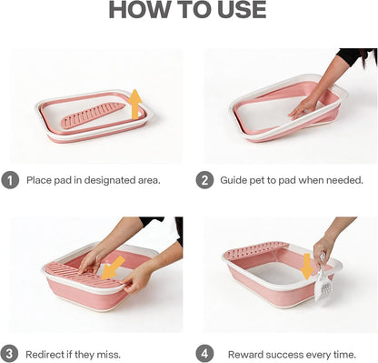 Pawise Foldable Cat Litter Box, Low Entry Collapsible Cat Litter Box with Scoop, Travel Pet Potty Pan & Anti-Splash Toilet for Kittens, Senior Cats & Disabled Cats (with Cat Teaser & Litter Mat，Pink)