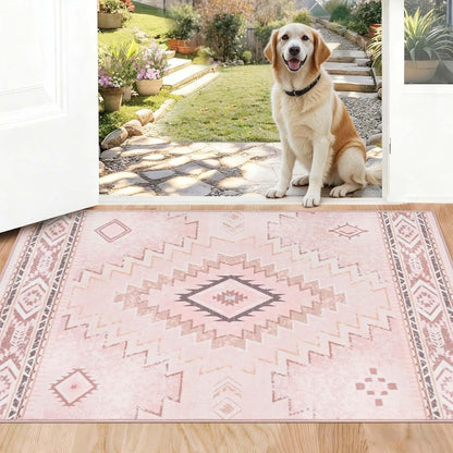 Yinhua Pink Rug 2x3 Non Slip, Western Washable Rug Low-Pile, Soft Moroccan Door Mat Indoor Entrance with Rubber Backing, Stain Resistant Aztec Small Rugs for Bathroom Kitchen Hallway