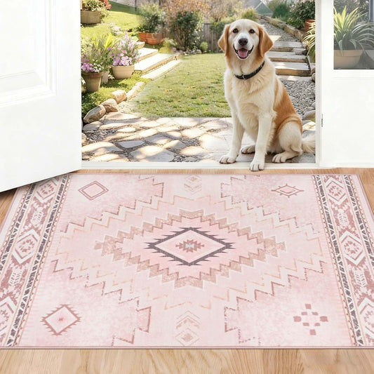 Yinhua Pink Rug 2x3 Non Slip, Western Washable Rug Low-Pile, Soft Moroccan Door Mat Indoor Entrance with Rubber Backing, Stain Resistant Aztec Small Rugs for Bathroom Kitchen Hallway