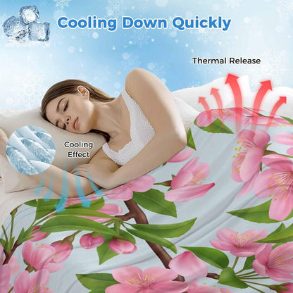 Cooling Blanket for Hot Sleepers, Pink Peach Flowers Lightweight Breathable Summer Blanket, Spring Botanical Watercolor Floral Blue Double-Side Cool Throw Blankets for Sleeping Travel, 30"x40"