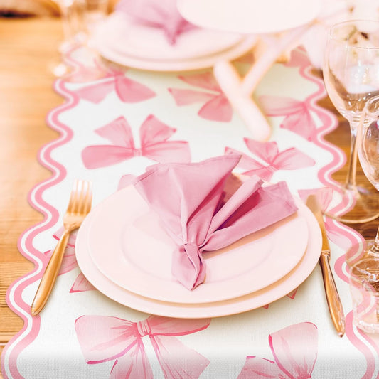 Pink Bow Table Runner Bowknot Scalloped Kitchen Dining Table Cover Coquette Bow Decoration for Indoor Outdoor Home Party Supplies, 13 x 90 Inch
