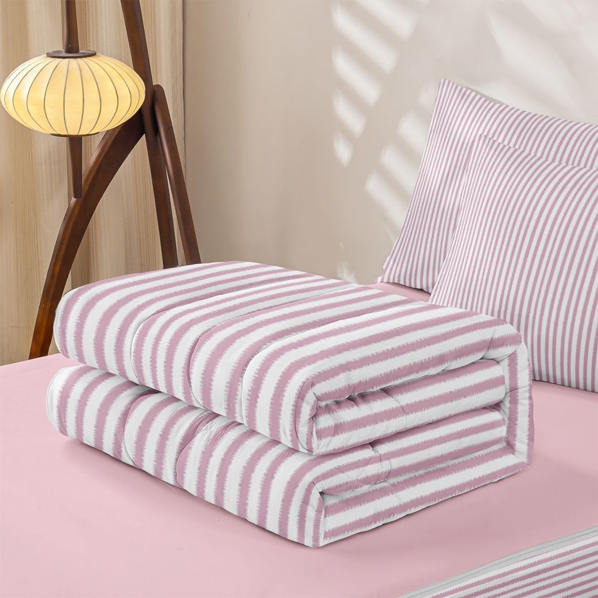 Erosebridal Abstract Striped Light Pink Zipper Comforter Set Full Lines Stripe Bedding Set with Comforters, Sheets, Pillowcases Pinstripe Bed in a Bag Modern Simple Style Bedroom Decor