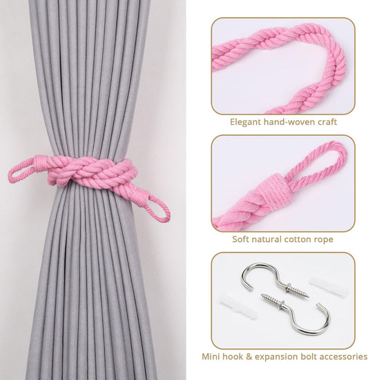 NICEEC 2 Pack Natural Cotton Rope Curtain Tiebacks Elegant Boho Style Decor Drape Tie Backs Soft Hand-Woven Double Rope Curtain Holdbacks with Metal Hook for Home & Office Drapery (Pink)