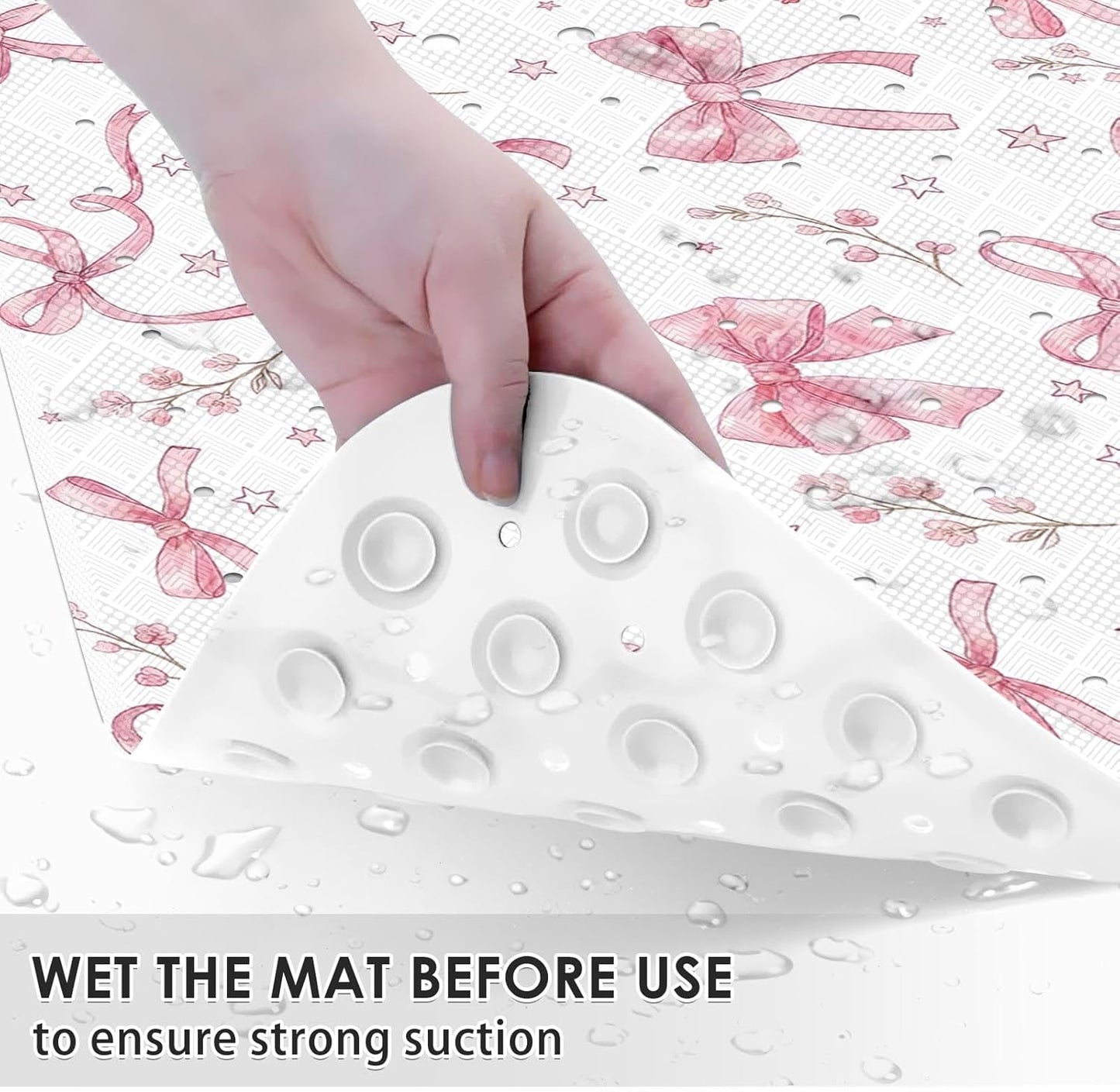 Pink Bow Watercolor Bathtub Shower Mat Flower Star Non-Slip Tub Extra Long Bath Floor 40X16 Inch Machine Washable for Bathroom Tub Bath Mat for Toddler and Baby