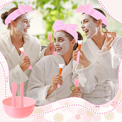 Honeydak 48 Pcs 6 Set Spa Party Favors for Women Pink Sleepover Party Supplies Bulk Face Mask Bowl Set Mirror Headband Scrunchies Face Wash Cloths Basin Eye Mask for Spa Sleepover Birthday
