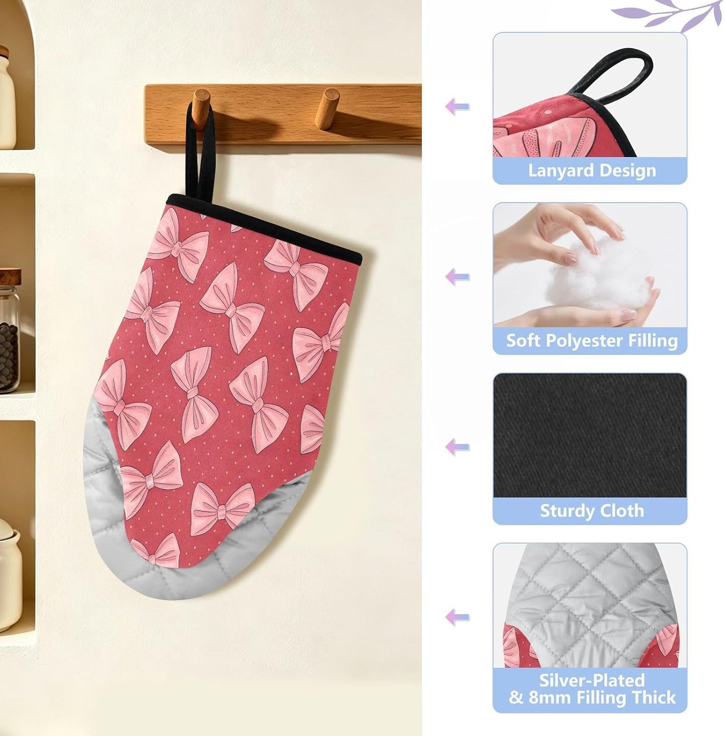 Red Pink Bows Non-Slip Oven Mitts Set Heat Resistant Kitchen Gloves with Quilted Liner Cotton Machine Washable with Hanging Loop for Baking Grilling BBQ