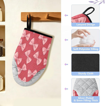 Red Pink Bows Non-Slip Oven Mitts Set Heat Resistant Kitchen Gloves with Quilted Liner Cotton Machine Washable with Hanging Loop for Baking Grilling BBQ