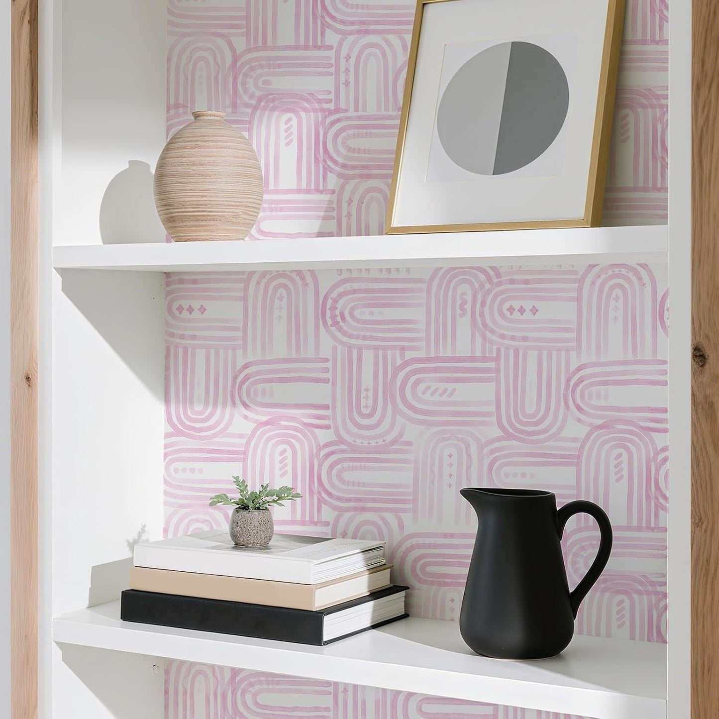 Modern Peel and Stick Wallpaper Boho Pink and White Contact Paper 17.3"x480" Geometric Abstract Wall Paper Removable Self Adhesive Wallpaper for Bedroom Bathroom Cabinet Decor Vinyl