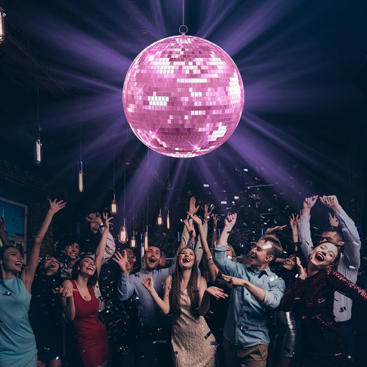 16 inch Pink Disco Ball, Hanging Mirror Ball, Wedding Decoration Disco Light Ball, Stage Lighting Effect, 12/16/20 inch Home, Stage and Bar Glittering Decoration (16 inch Pink)