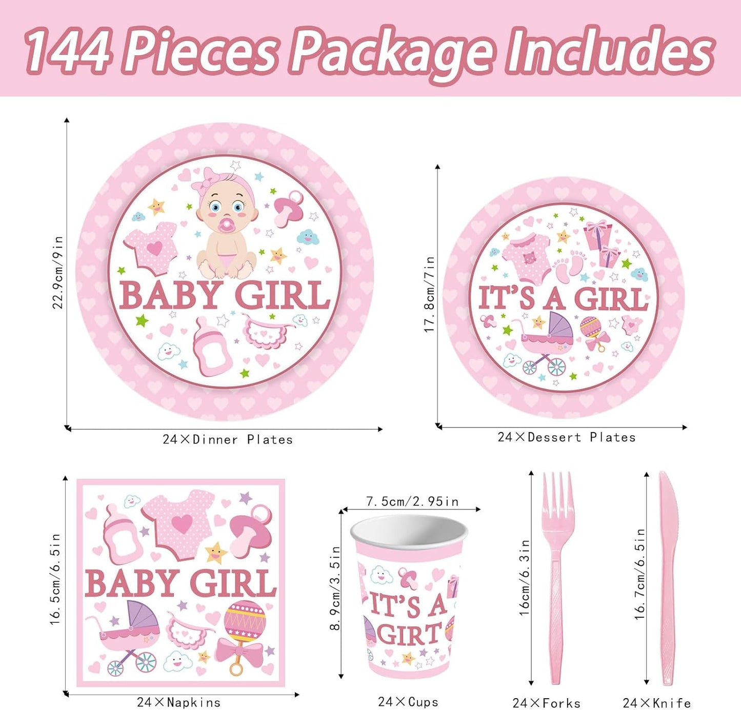 144PCS Gender Reveal Party Supplies Baby Shower Plates and Napkins Tableware Sets Pink Girls Baby Shower Party Decorations Including Paper Cartoon Plates Napkins Cups Forks Serve 24