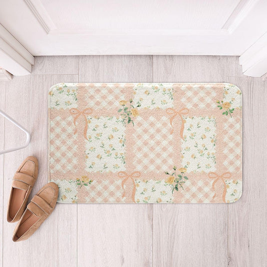 Homewish Light Pink Bow Bathroom Rugs,Rose Flower Non Slip Bath Mat Checkered Patchwork Plaid Bathroom Indoor Floor Mats,Boho Rustic Style Shaggy Absorbent Bathtub Decor Rug,16"x24"