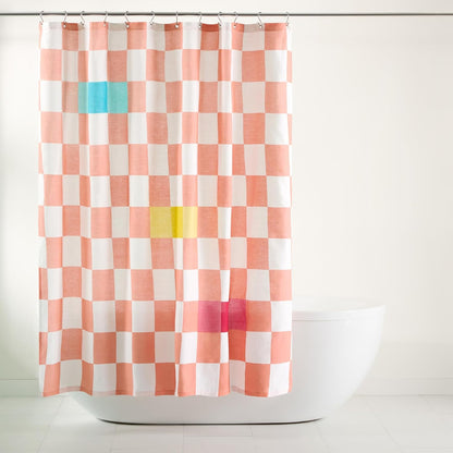 Town & Country Play Betty Bold Checkerboard Cotton-Rich Breathable Fabric Shower Curtain with Anti-Rust Grommets, Peach/White/Yellow, 70"x72"