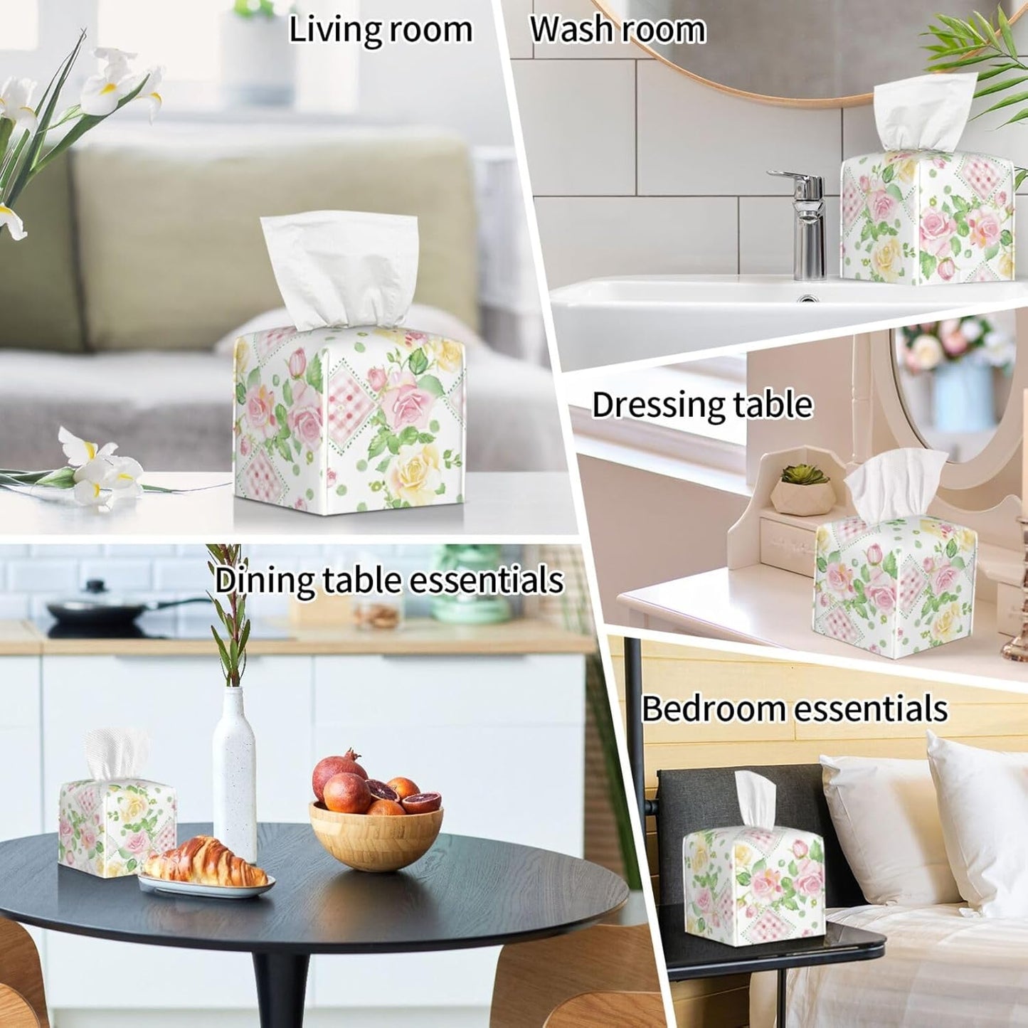 Famame Pink Yellow Roses Gingham Tissue Box Cover Leather Decorative Square Tissue Cube Boxes Holder with Bottom Belt Case Organizer for Bathroom Home Car Decor