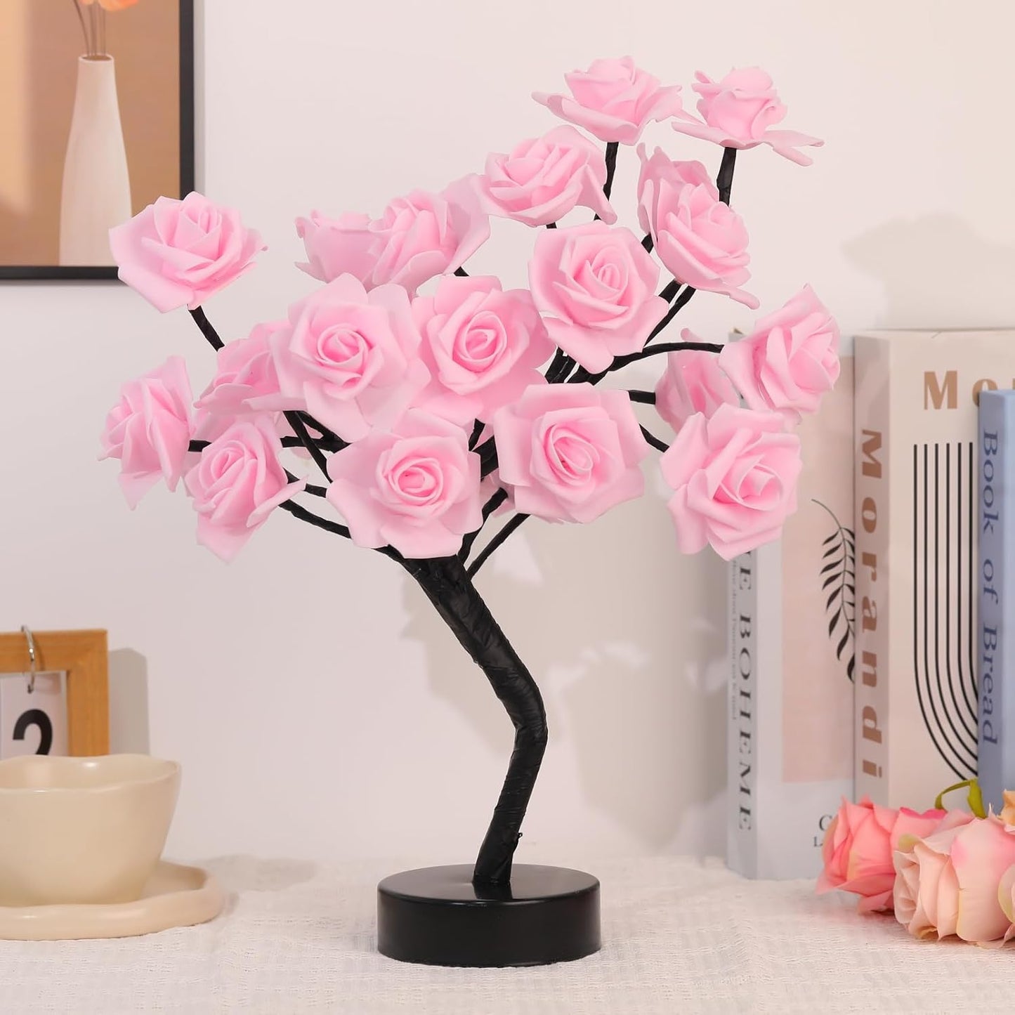 Drawelry Rose Flower Tree Lamp - LED Rose Tree Table Lamp USB/Battery Powered Artificial Bonsai Flower Night Light for Bedroom Living Room Party Wedding Birthday Decor (Pink)