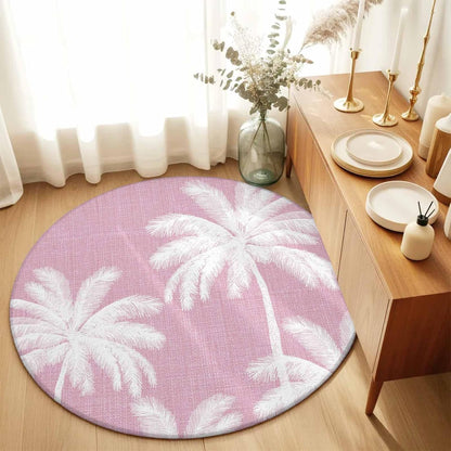 Round Area Rugs 4Ft, Peach Pink Palm Tree Non-Slip Washable Circle Rugs Carpet, Summer Botancial Tropical Farmhouse Indoor Outdoor Rug Floor Mats Throw Runner for Bedroom Living Room Bathroom
