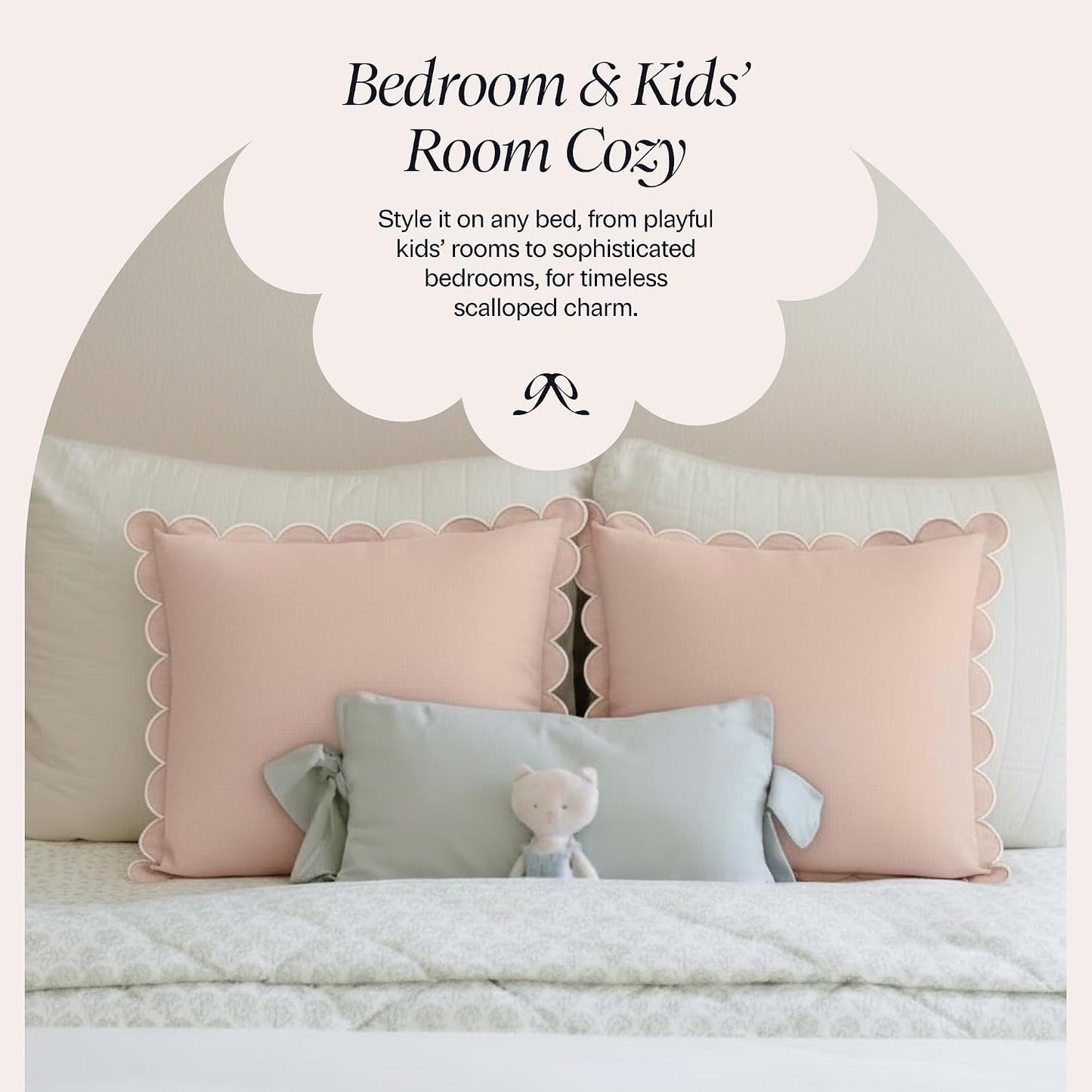 BEBE BASK Scalloped Pillow Cover - Set of 2-18 x 18 Inch - Scallop Pillow Covers – Peach Pink Scalloped Pillows - Scallop Pillows - 100% Cotton - Grandmillennial Style (Peach Pink/White)