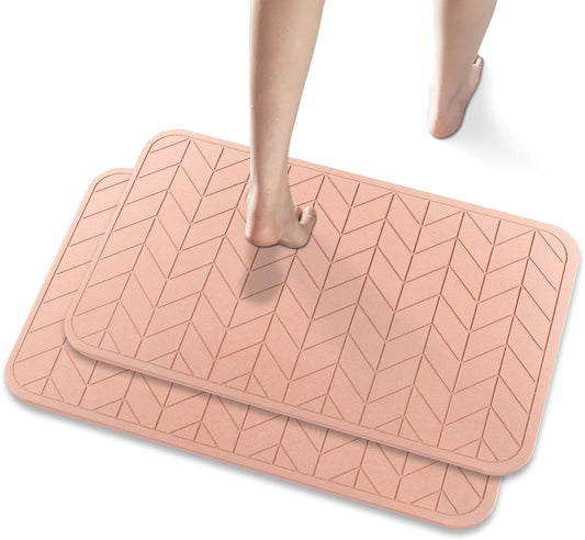 JUERLEN 2 Pack Diatomaceous Earth Shower Mat, Stone Bath Mat, Nonslip Super Absorbent Fast-Drying Hard Bath Mat for Bathroom Shower Floor, 24 x 16 inch, Pink Arrow Design