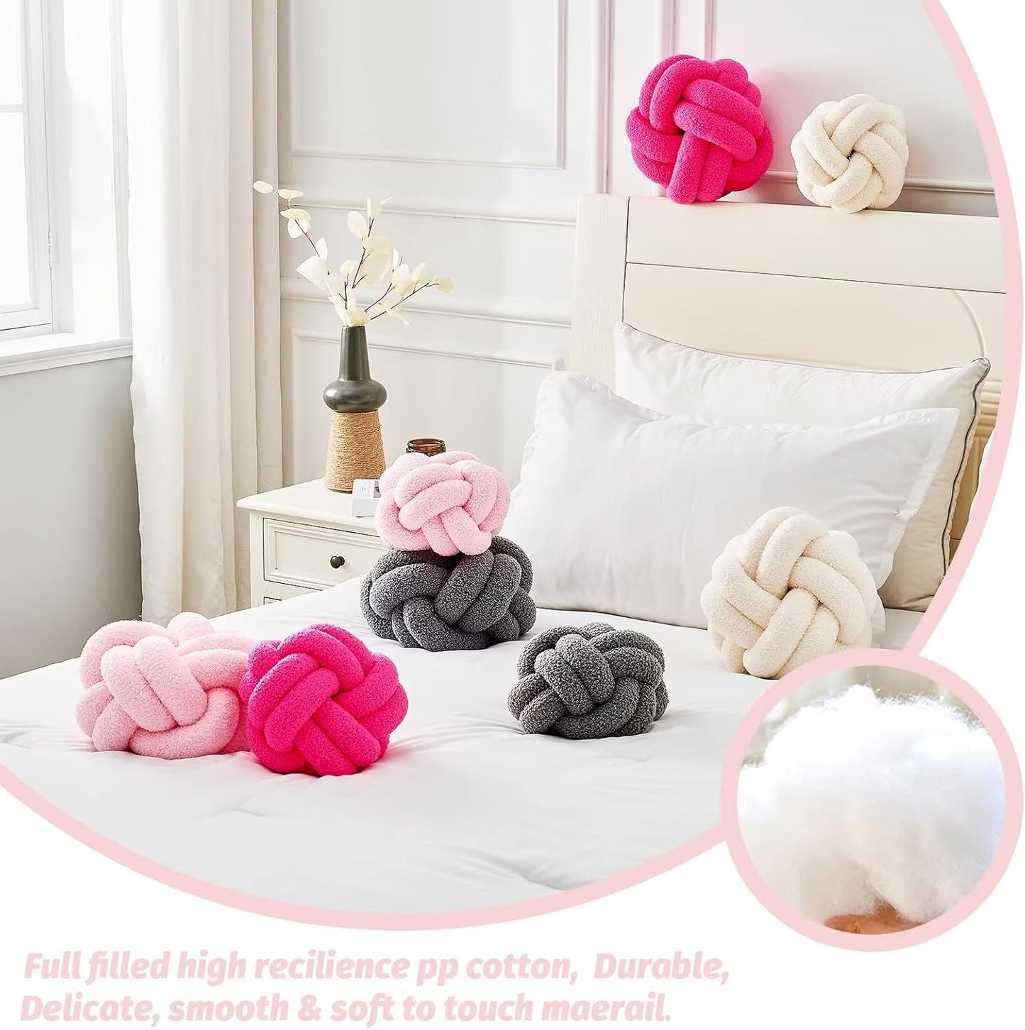 Uvvyui Knot Pillow Ball, Soft Pink Home Decor Knotted Pillows, Handmade Round Plush Throw Pillow, Aesthetic & Cute Large Decorative Pillows for Bed, Floor, Couch, Bedroom Home Decor 8 inches