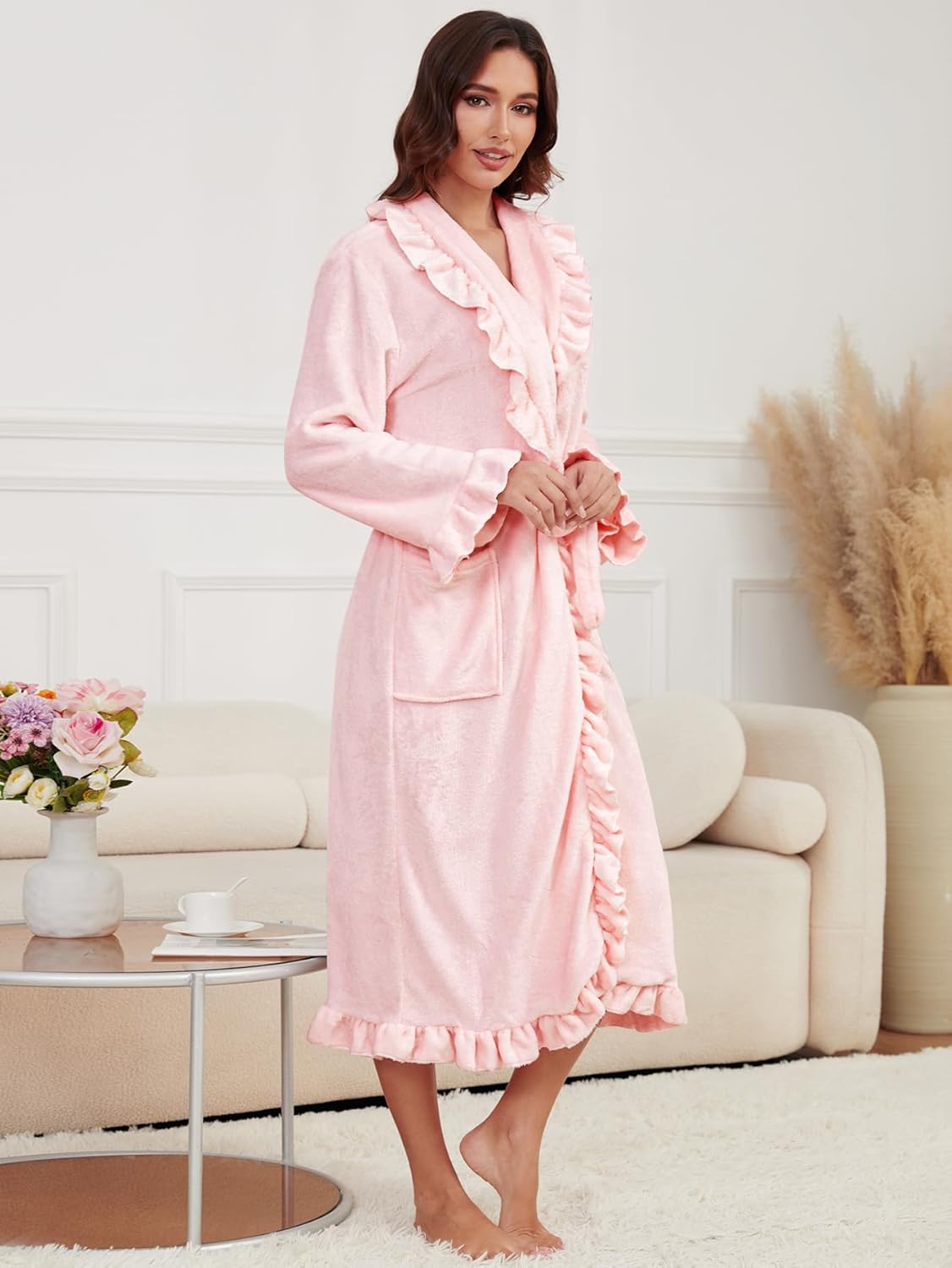 Women's Long Fleece Robe Plush Fluffy Fuzzy Ruffle Bath Robe Warm Loungewear