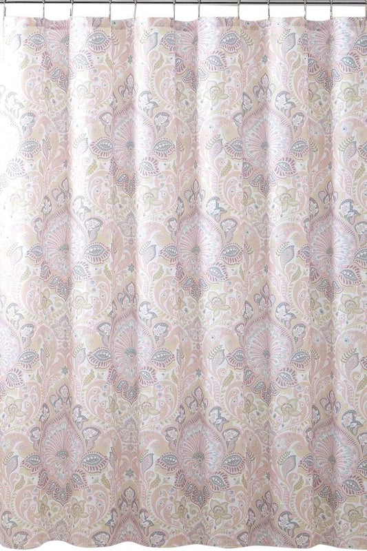 Serafina Home Luxury Decorative Pink Fabric Shower Curtain for Bathroom: Floral Damask Pattern in Soft Pastels of Blush with Yellow Grey White Accents, 72 x 72 inches
