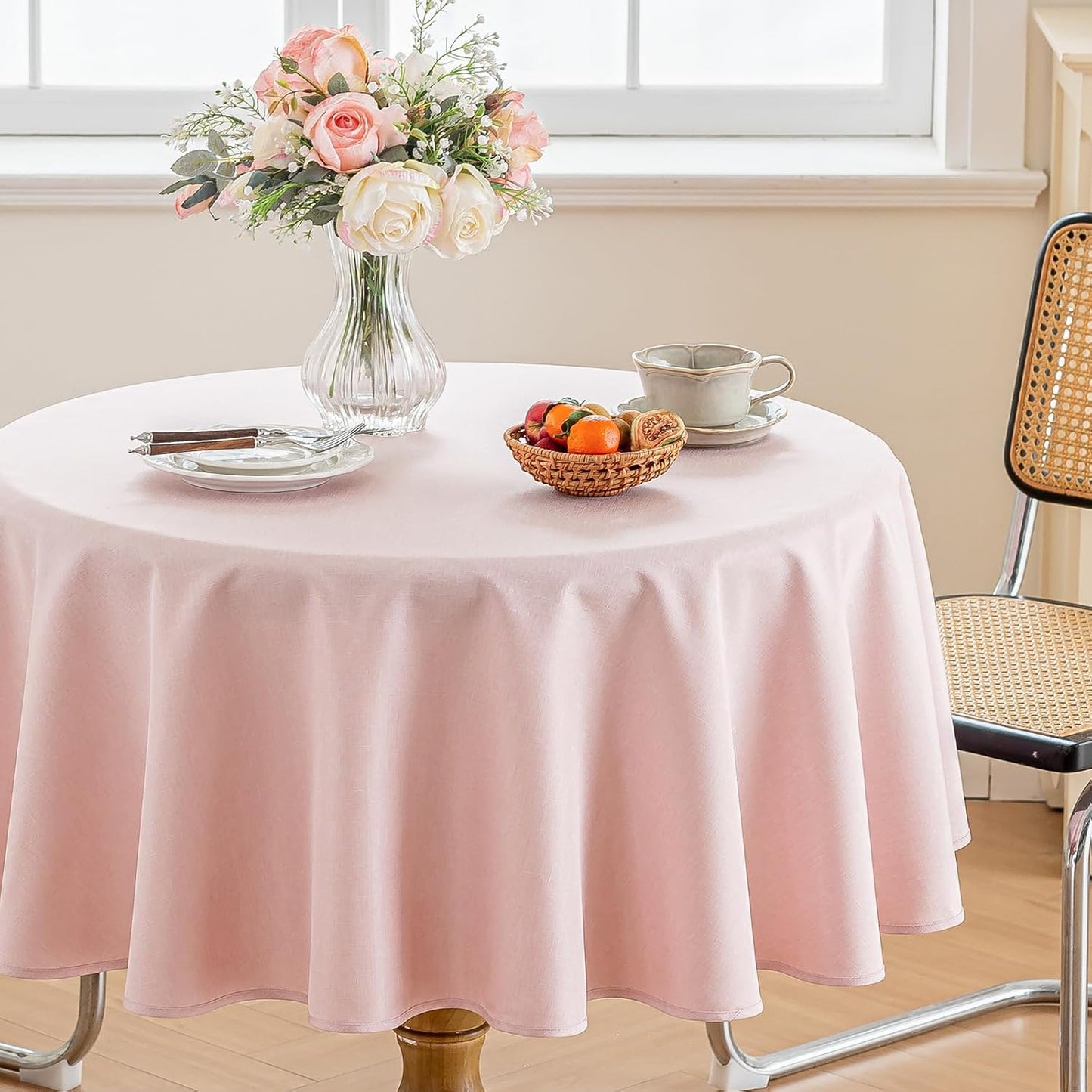 Alsoo Pink Round Tablecloths 60 inch, Linen Textured Table Cloth Waterproof Circle Tablecloth Wrinkle Free Fabric Farmhouse Table Cover for Dining Parties Outdoor Holidays