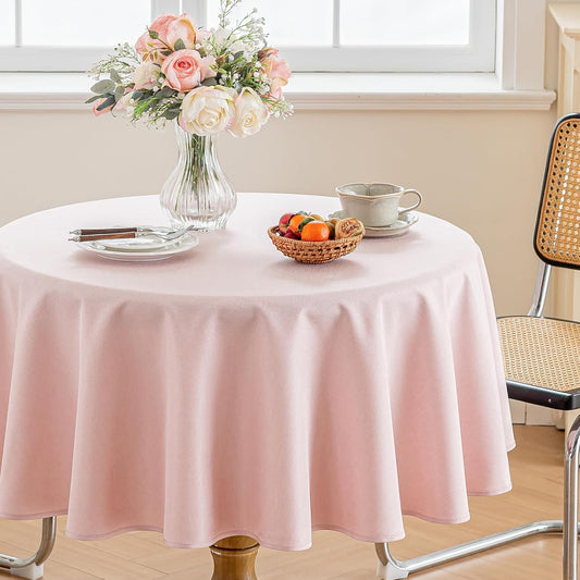 Alsoo Pink Round Tablecloths 60 inch, Linen Textured Table Cloth Waterproof Circle Tablecloth Wrinkle Free Fabric Farmhouse Table Cover for Dining Parties Outdoor Holidays