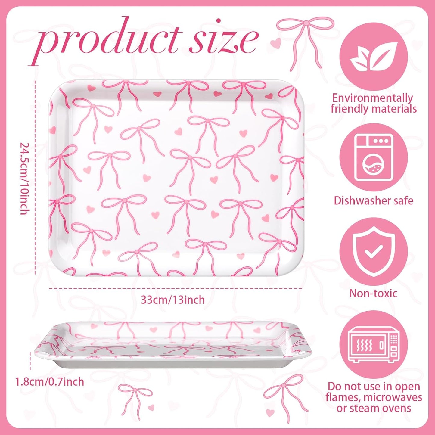 Tioncy 3 Pcs Pink Bow Serving Tray Bowknot Reusable Plate Dish 13" x 10" Decorative Tray Platter for Serving Food Room Organiser Home Party Supplies