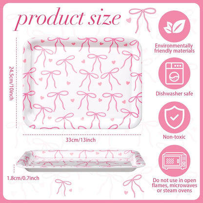 Tioncy 3 Pcs Pink Bow Serving Tray Bowknot Reusable Plate Dish 13" x 10" Decorative Tray Platter for Serving Food Room Organiser Home Party Supplies