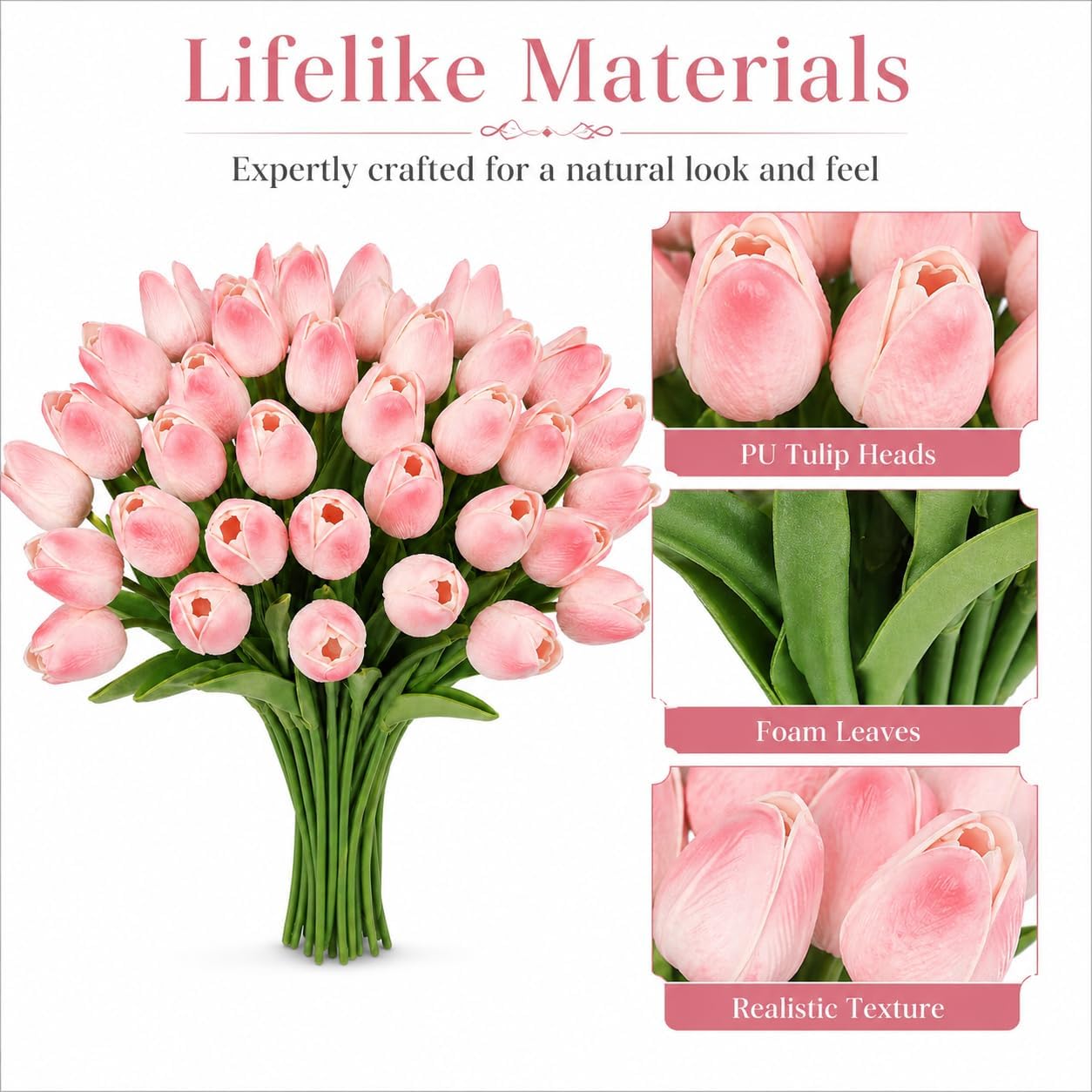 MACTING 30 PCS Artificial Tulip Flowers 13.7" Real Touch Fake PU Tulips Bouquet Faux Flowers for Floral Arrangements Table Centerpieces Kitchen Indoor Home Mothers Day Decorations,Peach Pink