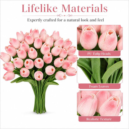 MACTING 30 PCS Artificial Tulip Flowers 13.7" Real Touch Fake PU Tulips Bouquet Faux Flowers for Floral Arrangements Table Centerpieces Kitchen Indoor Home Mothers Day Decorations,Peach Pink