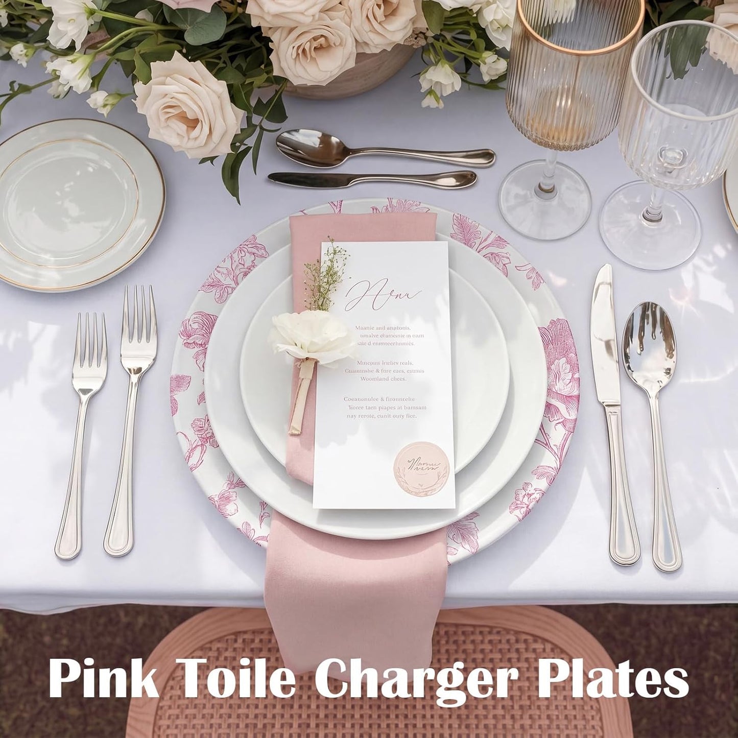 Yungyan 6 Pack 13inch Pink White French Toile Charger Plates Toile De Jouy Floral Leaf Plastic Pink Round Party Salad Charger Plates for Wedding Birthday Bridal Tea Summer Party Supplies