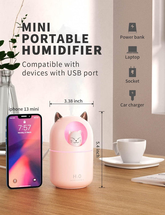 Cool Mist Humidifier,300ml Mini Humidifiers with Night Light,Waterless Auto-Off Air Humidifier,20dB Quiet Humidifiers for Bedroom,Car, Plant for Girl Boy