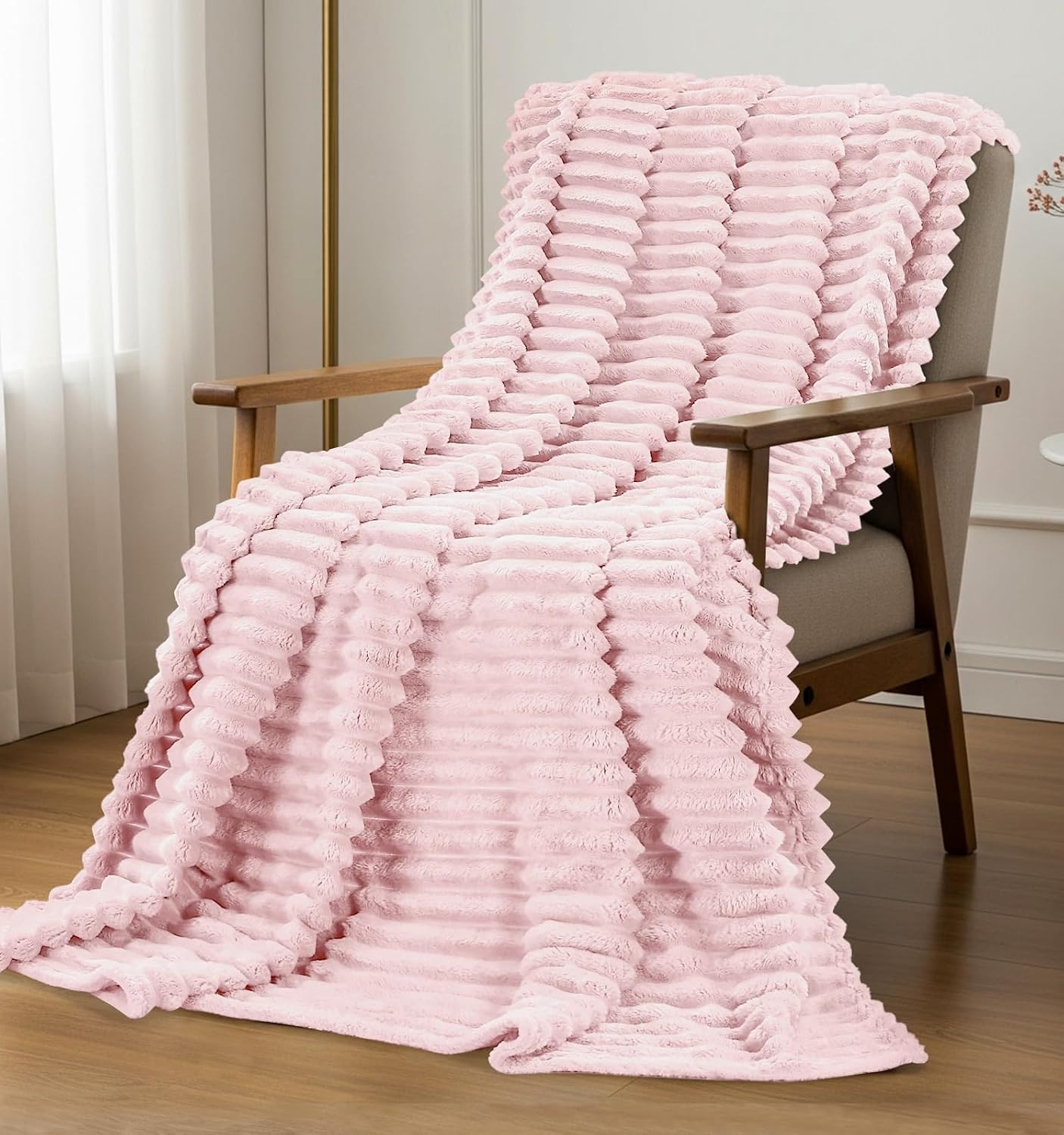 Utopia Bedding Pink Striped Fleece Blanket Throw Size – Fluffy, Warm & Lightweight Ribbed Throw for Bed, Sofa & Chair - Soft Cozy Blanket for Home Décor & Gifting (50x60 Inches)