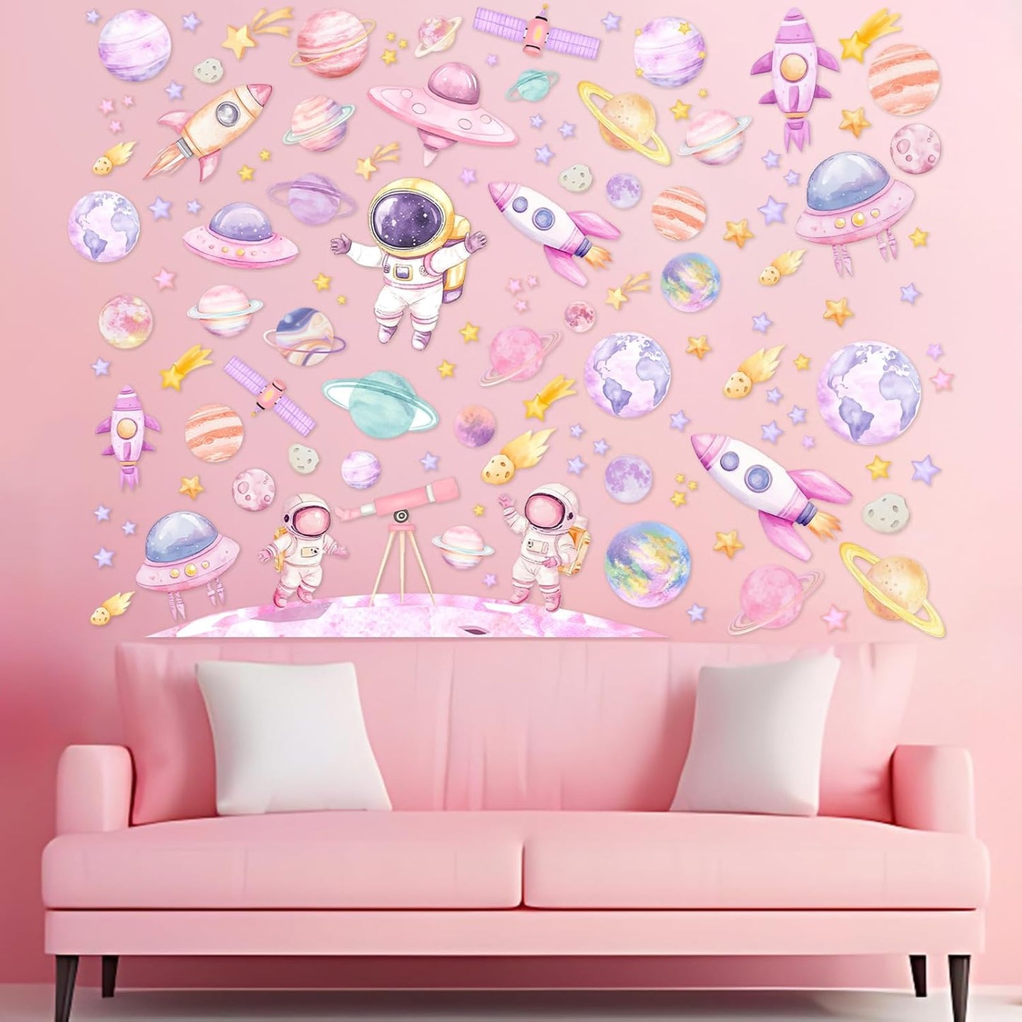 2pcs Outer Space Wall Stickers for Girl Outer Space Wall Decorations Pink Astronaut Planet Decal Solar System Birthday Decoration Galaxy Rocket Cling Sticker Galaxy Astronaut Party Home Decor