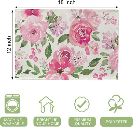 Seliem Spring Summer Watercolor Flower Placemats Set of 4, Pink Peony Floral Dining Table Place Mats, Seasonal Kitchen Decor Home Decoration 12 x 18 Inch