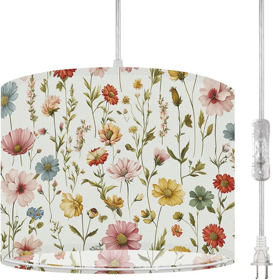 Plug in Pendant Light Floral Wildflower Botanical Pastel Pink Yellow Blue Flowers Light Hanging Light with Plug in Clear Cord Dimmable Switch Linen Shade Hanging Lamp Fixture for Bedroom Kitchen
