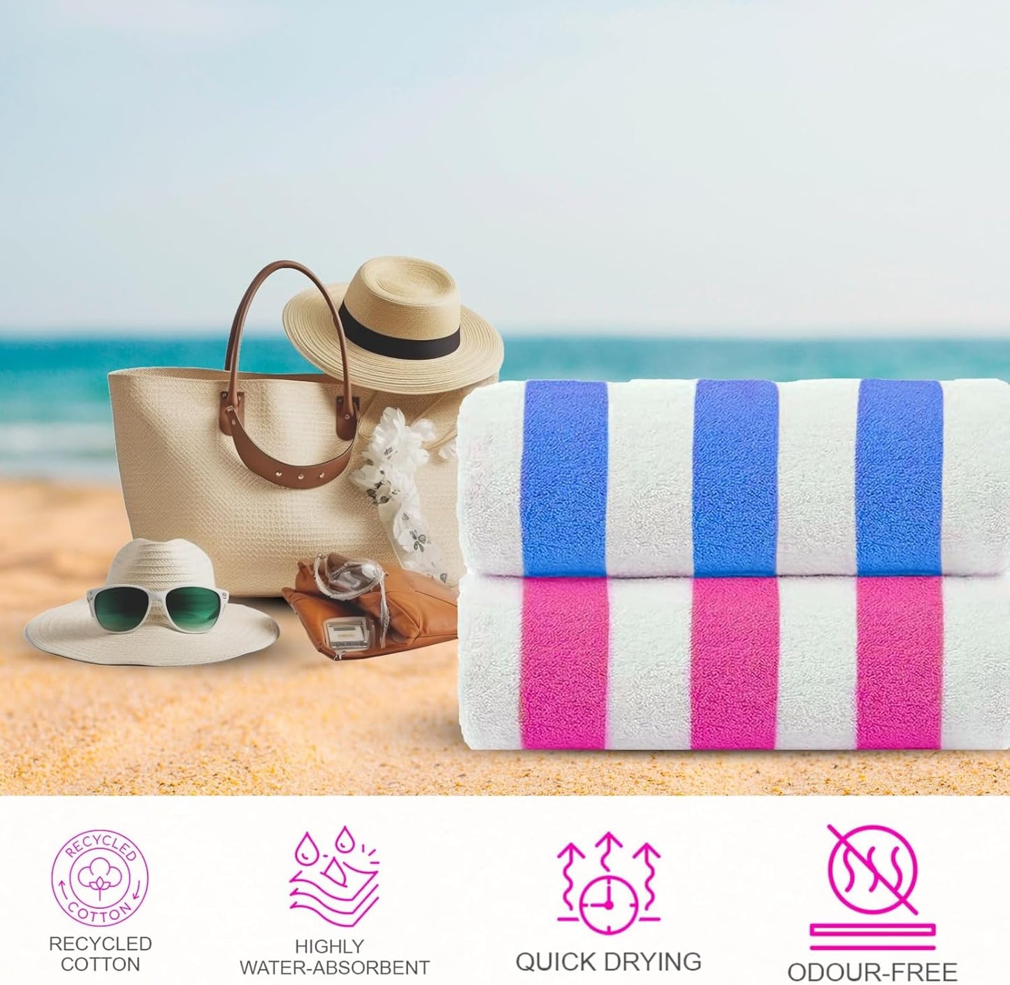 Casa Copenhagen Cabana Towel 4Pcs Teal,Blue,Pink,Green Designer Stripe Beach Towels Gift Set, 30"x60" Oversized 100%Cotton Pool Bath Towel for Beach Gift Set (Perfect Summer Gift Set For Women & Men)