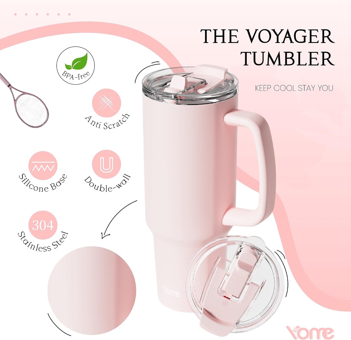YOME 40oz Light Pink Tumbler with Handle and Flip Straw | Stainless Steel Insulated Cute Water Bottle | Keeps Drinks Cold | Dishwasher Safe | Cupholder Friendly | Gift Gym Travel Yoga