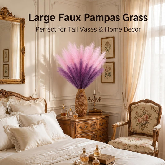9 Pcs 45" Tall Pampas Grass Decor Mixed Color Light Pink & Light Purple Long Stem Artificial Fluffy Large Faux Floral Floor Vase Pompas Dried Bouquet for Boho Home Wedding