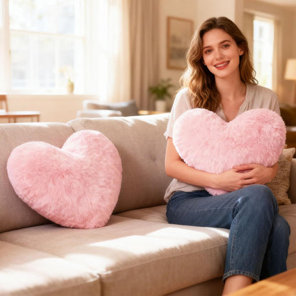 Fuxiqar 2 Pack Pink Heart Throw Pillows 18-inch Soft Fluffy Decorative Cute Pillows for Bed Couch Sofa Bedroom Decor Cozy Gift Idea(Pink)