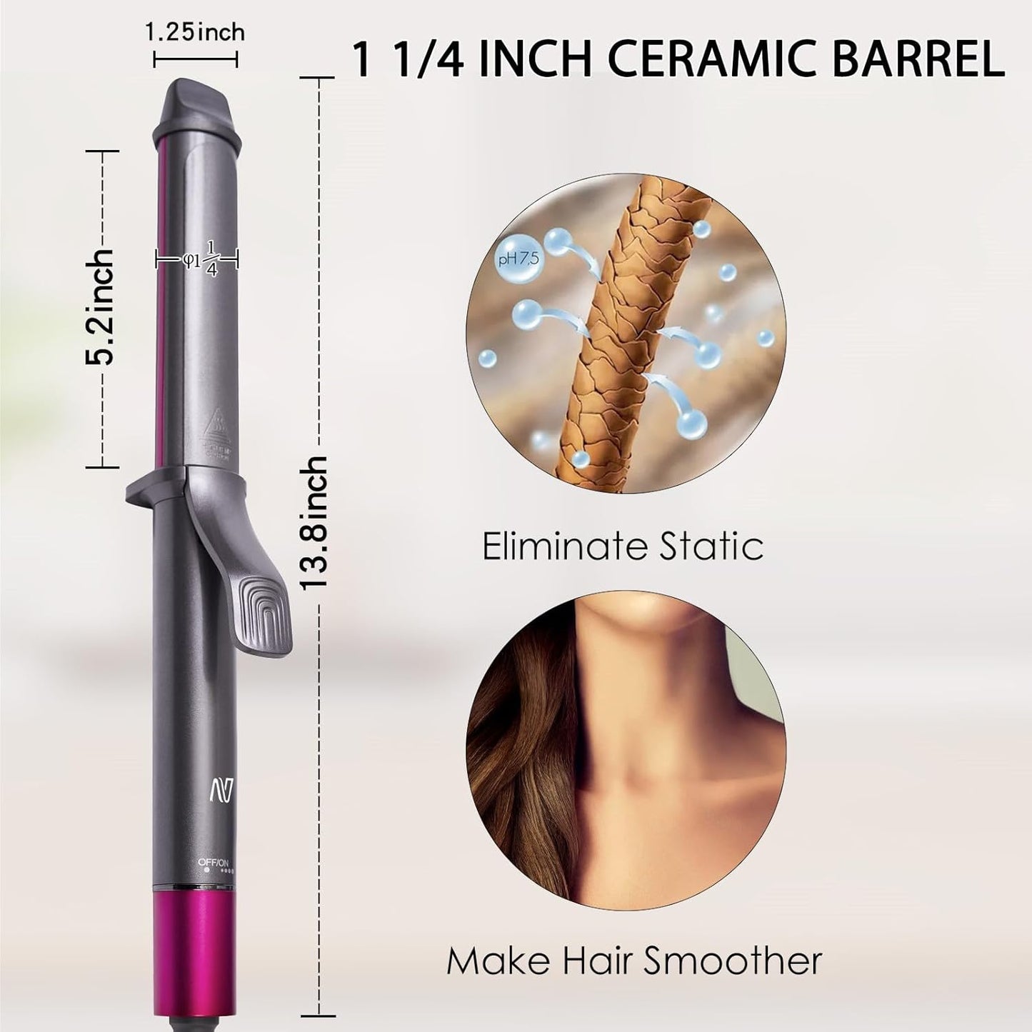 Nycoba Curling Iron, 1 1/4 Inch Hair Curling Wand with Ceramic Coating, Professional Hair Curler, Fast Heating up to 430°F, Wide Voltage for Worldwide, 60 Mins Auto Off, Pink