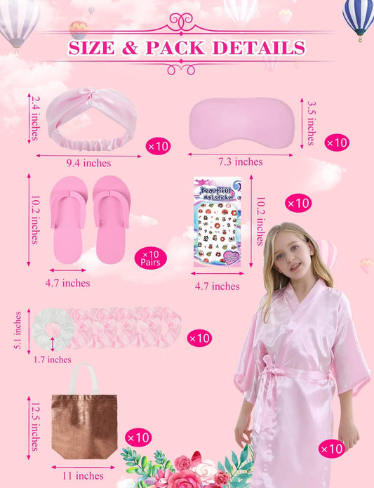 30 Pieces Favors Slumber Spa Party Birthday Girl Silky Robe with Eye Masks Bow Veil Toe Separators Colored Ribbons