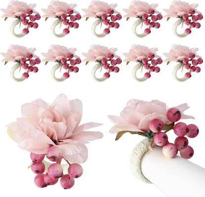 Fofetbfo Pink Flower Napkin Rings Set of 12 Silk Flower Napkin Holder with Pink Berries Wedding Napkin Holder Buckles for Wedding Birthday Party Dinner Tables Decor