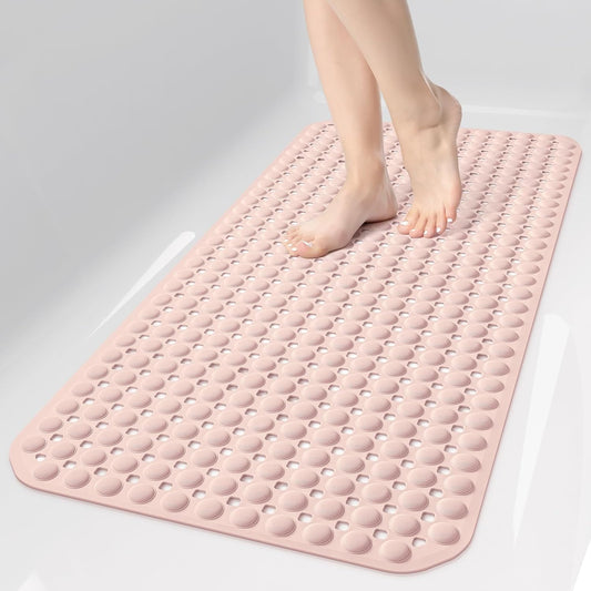 OTHWAY Bath Tub Shower Mat Non Slip, Bathtub Floor Liner Mats for Inside Shower Bathroom, Suction Cups and Drain Holes for Feet Scrubbing, Machine Washable, Soft on Feet, 35x16 Inch, Light Pink