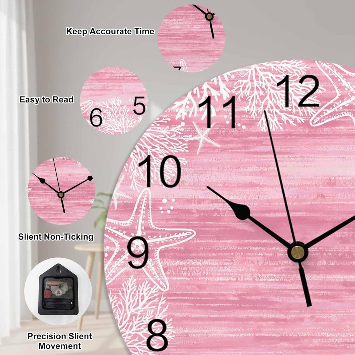 Wall Clock Pink Coral Starfish Clocks PVC Silent Non-Ticking Battery Operated Decorative Summer Ocean Beach Shell Round Clock for Home Living Room Kitchen Bedroom Office School Wall Decor 10 Inch