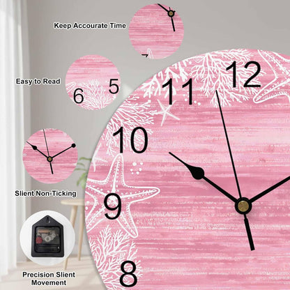 Wall Clock Pink Coral Starfish Clocks PVC Silent Non-Ticking Battery Operated Decorative Summer Ocean Beach Shell Round Clock for Home Living Room Kitchen Bedroom Office School Wall Decor 10 Inch