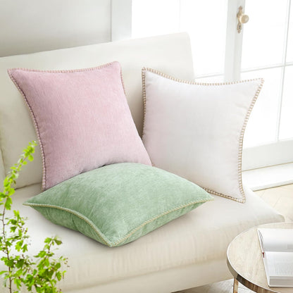 decorUhome Summer Chenille Soft Cozy Throw Pillow Covers 18x18 Set of 2, Modern Farmhouse Boho Velvet Decorative Pillow Cases with Stitched Edge for Couch Sofa Bed Home Decor, Blush Pink