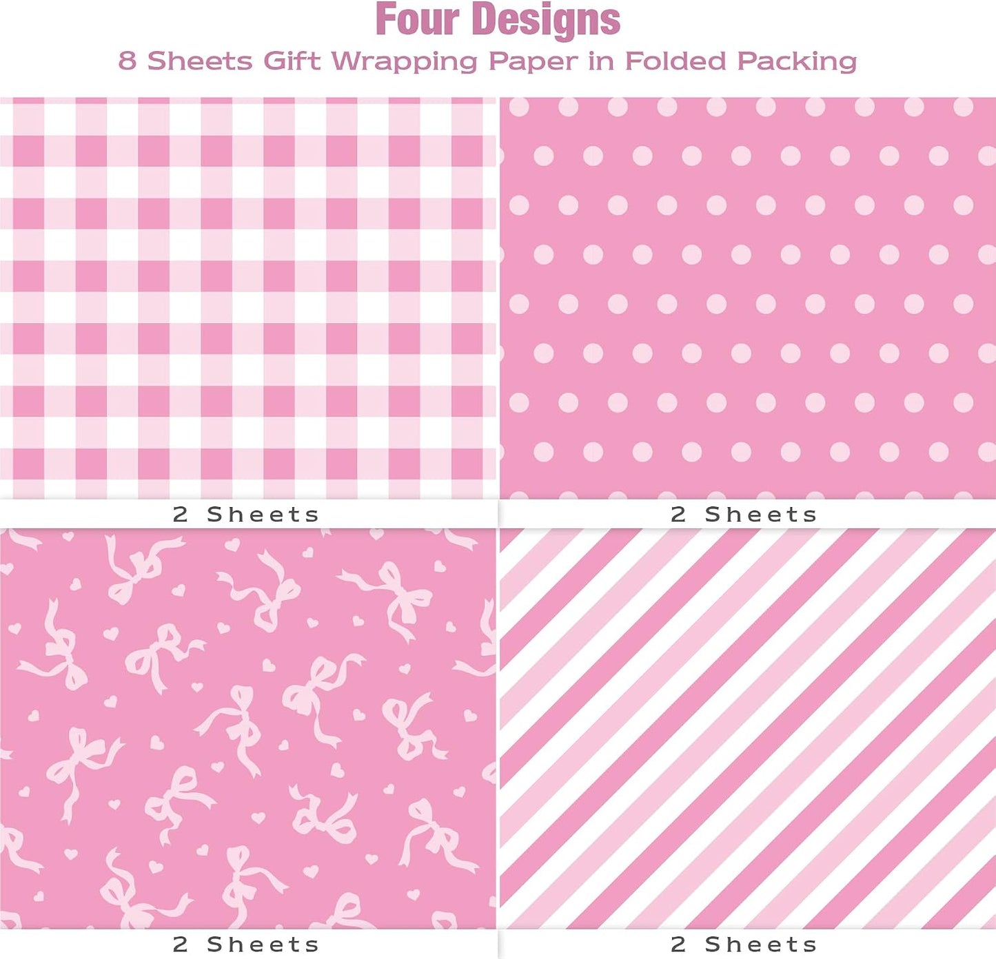 MotiGiftie Pink Wrapping Paper Sheet - 8 Sheets Folded Flat Gift Wrap with Cute Bow, Pink Plaid, Stripes and Polka Dot, Gift Paper for Girl Baby Shower, Birthday, Wedding - 20 X 28 Inch Per Sheet
