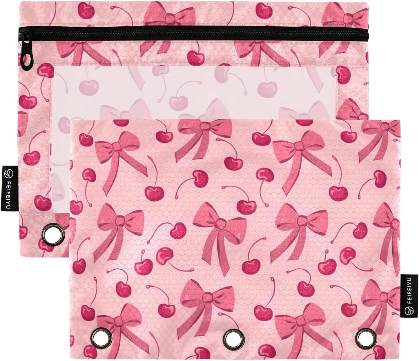 Pink Bow Cherry Pencil Pouch for 3 Ring Binder 2 Pack Zipper Binder Pencil Bag with Clear Window Pencil Case for Office Supplies